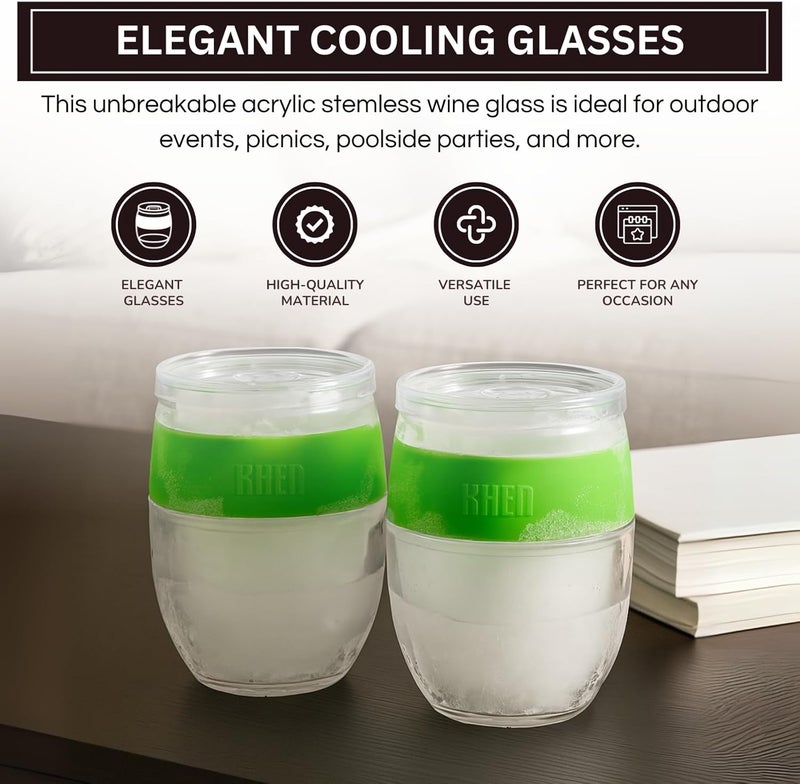 Khen Freezable Wine Tumbler Set with Lids & Green Grip - 2 Set - 13 oz Tumblers Insulated Cooling Gel Glasses – Reusable Double Wall Stemless Cups for Keeping Drinks Cold, Outdoor Entertaining & Gifts - Image 4