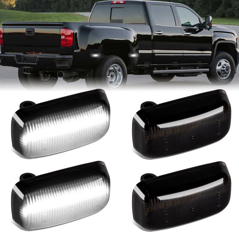 Gempro White LED Dually Fender Side Marker Lights for 2015-2023 Chevy Silverado GMC Sierra 2500 3500 Dual Rear Wheel Bed Marker Lamps, Smoked Len 4PCS - Image 1