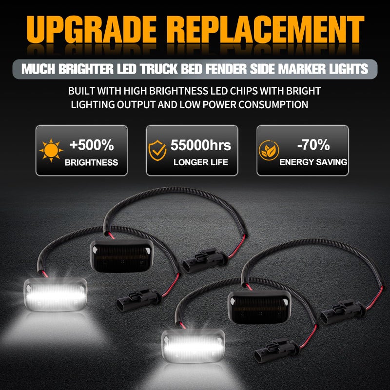 Gempro White LED Dually Fender Side Marker Lights for 2015-2023 Chevy Silverado GMC Sierra 2500 3500 Dual Rear Wheel Bed Marker Lamps, Smoked Len 4PCS - Image 2