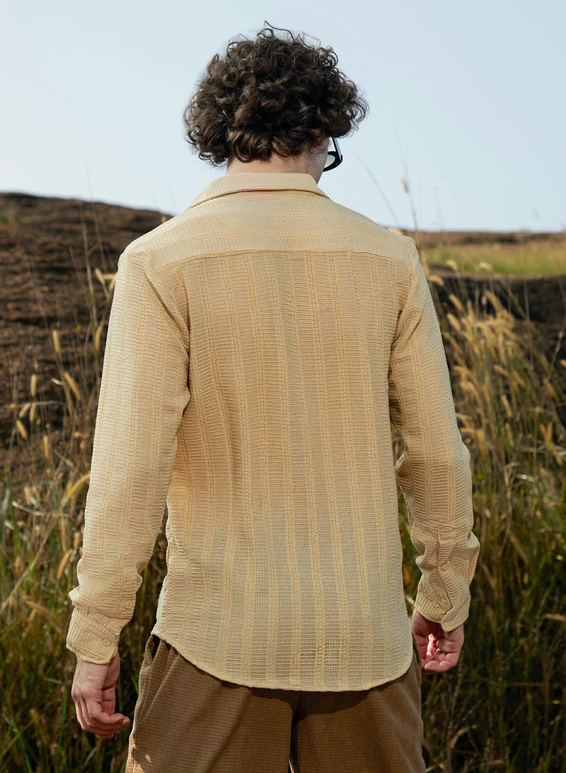 Campus Sutra Men's Yellow Ochre Wicker-Tactile Shirt