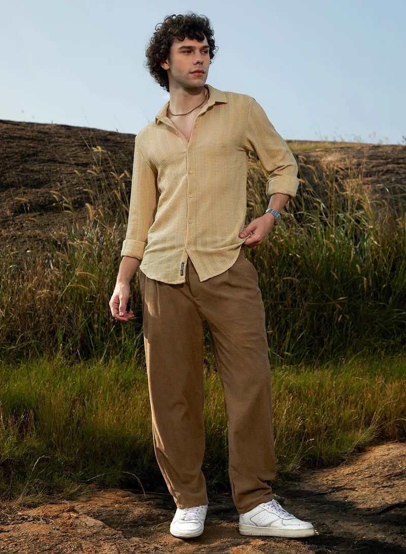 Campus Sutra Men's Yellow Ochre Wicker-Tactile Shirt