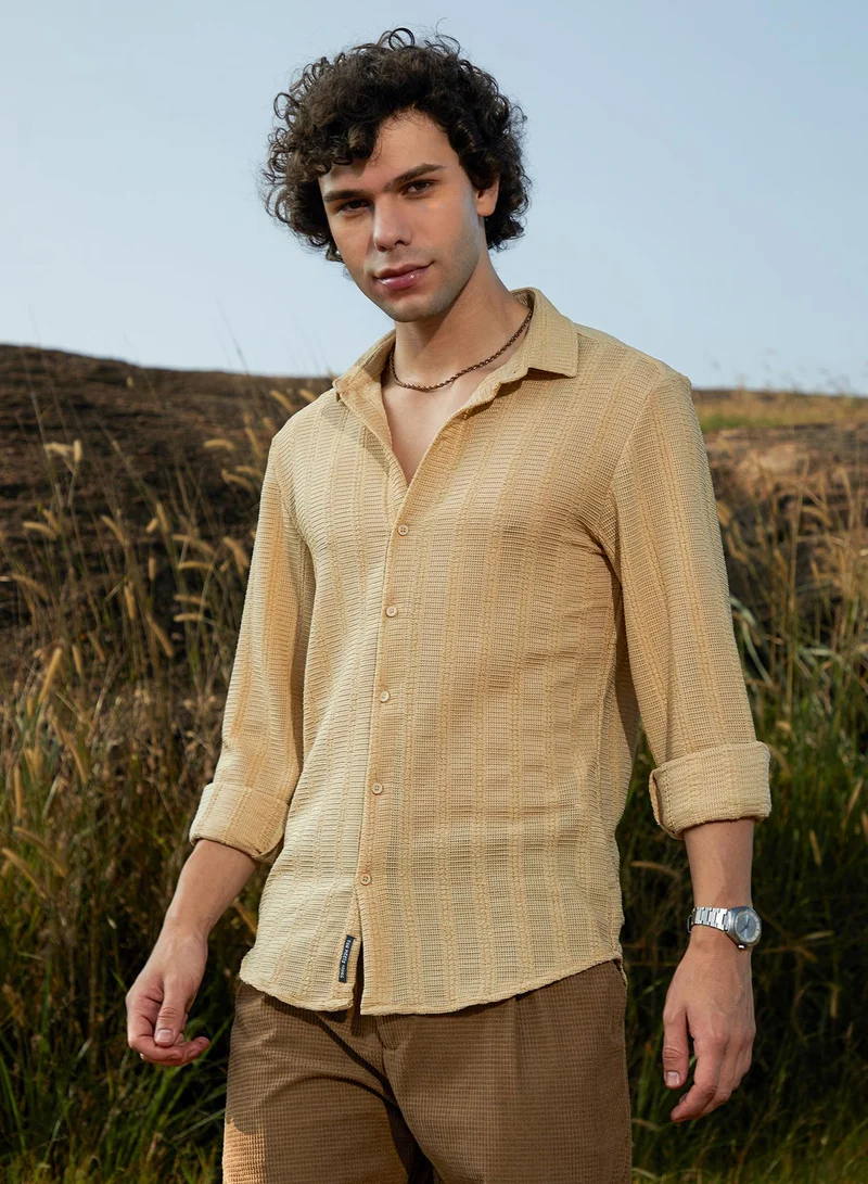 Campus Sutra Men's Yellow Ochre Wicker-Tactile Shirt