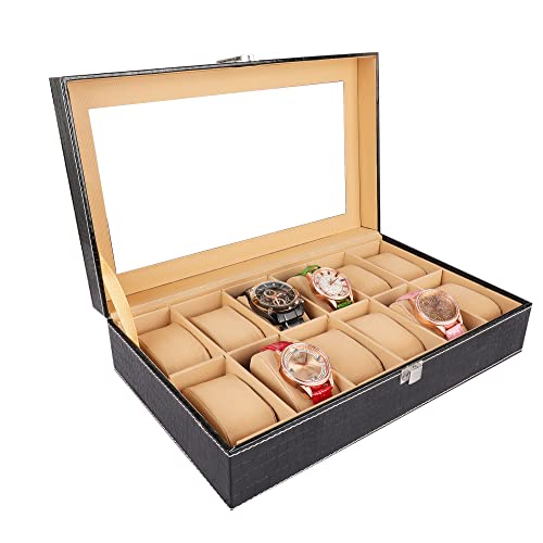 Anything & Everything Wood Croc Print Watch Box, Watch Case, Watch Holder, Watch Organizer, Black, Holds 12 Watches, Transparent - Image 2