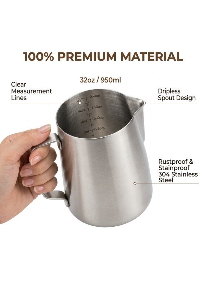 Rattleware 940ml/32-Oz Stainless Steel Macchiato Milk Frothing Pitcher – Barista Steam Jug for Espresso Machines Milk Frothers, Coffee, Cappuccino & Latte Art. Precise Pouring, Durable Handle, Ideal for Cafes, Commercial Use & Home Use, Silver - Image 2