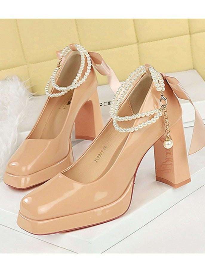 BIGTREE Womens Patent Leather Platform Chunky High Heel Square Closed Toe Ankle Strap Beaded Decoration Pumps Beige 9CM - Image 1