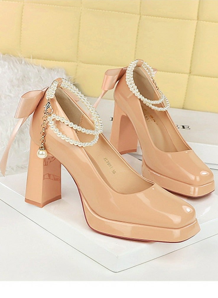 BIGTREE Womens Patent Leather Platform Chunky High Heel Square Closed Toe Ankle Strap Beaded Decoration Pumps Beige 9CM - Image 2