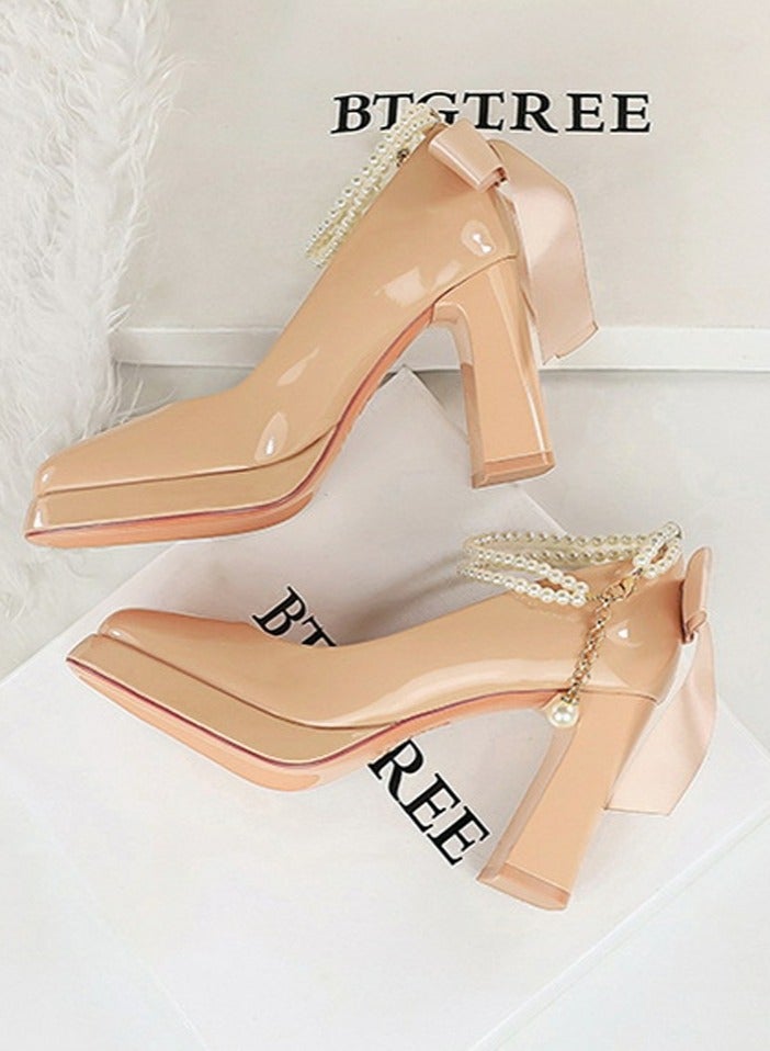 BIGTREE Womens Patent Leather Platform Chunky High Heel Square Closed Toe Ankle Strap Beaded Decoration Pumps Beige 9CM - Image 3