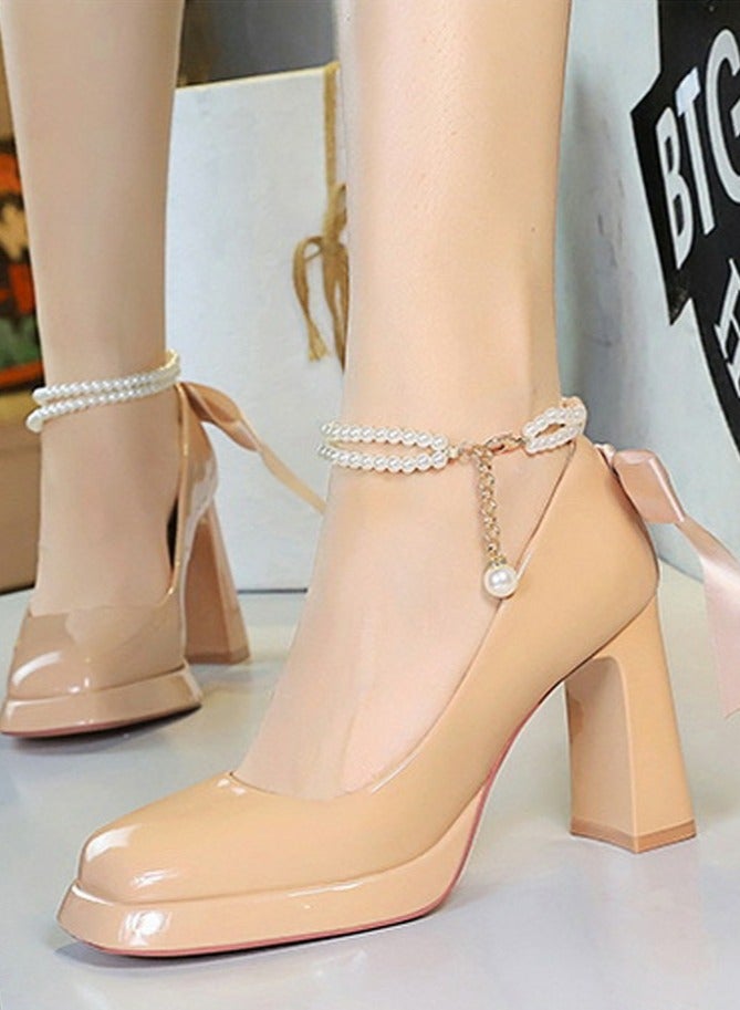 BIGTREE Womens Patent Leather Platform Chunky High Heel Square Closed Toe Ankle Strap Beaded Decoration Pumps Beige 9CM - Image 4