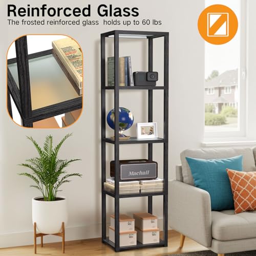 OUTON 67" Glass Display Shelf with Dimmable LED Floor Lamp, Collectibles Display Cabinet with Remote & App Control, 5 Tier Open Bookshelf Lamp for Living Room, Bedroom, Office, Home Decor, Black - Image 5