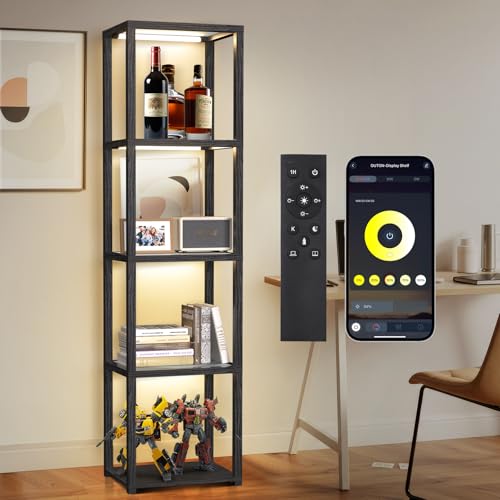 OUTON 67" Glass Display Shelf with Dimmable LED Floor Lamp, Collectibles Display Cabinet with Remote & App Control, 5 Tier Open Bookshelf Lamp for Living Room, Bedroom, Office, Home Decor, Black - Image 1