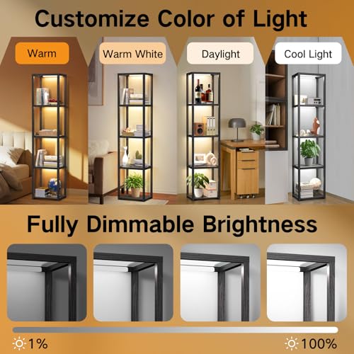 OUTON 67" Glass Display Shelf with Dimmable LED Floor Lamp, Collectibles Display Cabinet with Remote & App Control, 5 Tier Open Bookshelf Lamp for Living Room, Bedroom, Office, Home Decor, Black - Image 3