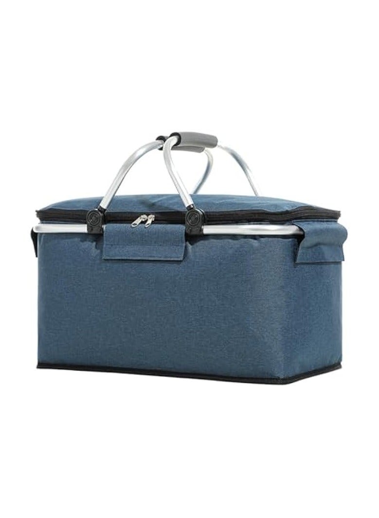 Green Tiger Keep warmPicnic Basket Foldable Insulated Grocery Picnic Set and Travel Shopping Bag,Strong Aluminum Frame Waterproof Lining Collapsible Design for Easy Storage Take it Camping (Navy Blue) - Image 2