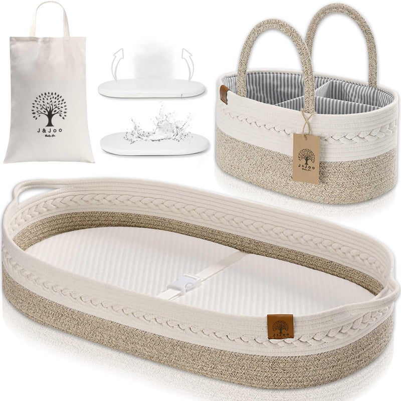 JJOO Baby Changing Basket Includes Diaper Caddy - Soft & Waterproof Dual-Cover, Portable, Changing Pad for Dresser & Changing Table, Gift for Baby Shower, Organic Cotton Rope - Image 1