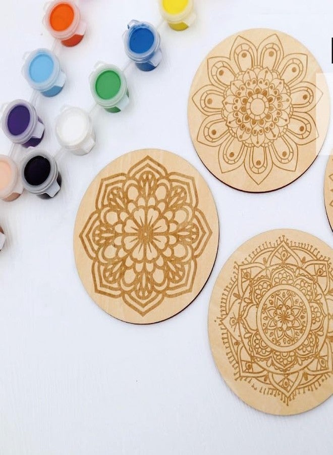 Curious Button Unfinished Wooden Mandala Coaster for DIY, 10cm Pack of 4 Round Wooden Pine MDF Cutouts Unfinished Engraved Coaster Cutouts, Painting Wood Craft, MDF Plains, DIY Art Work (Pattern-I) - Image 1