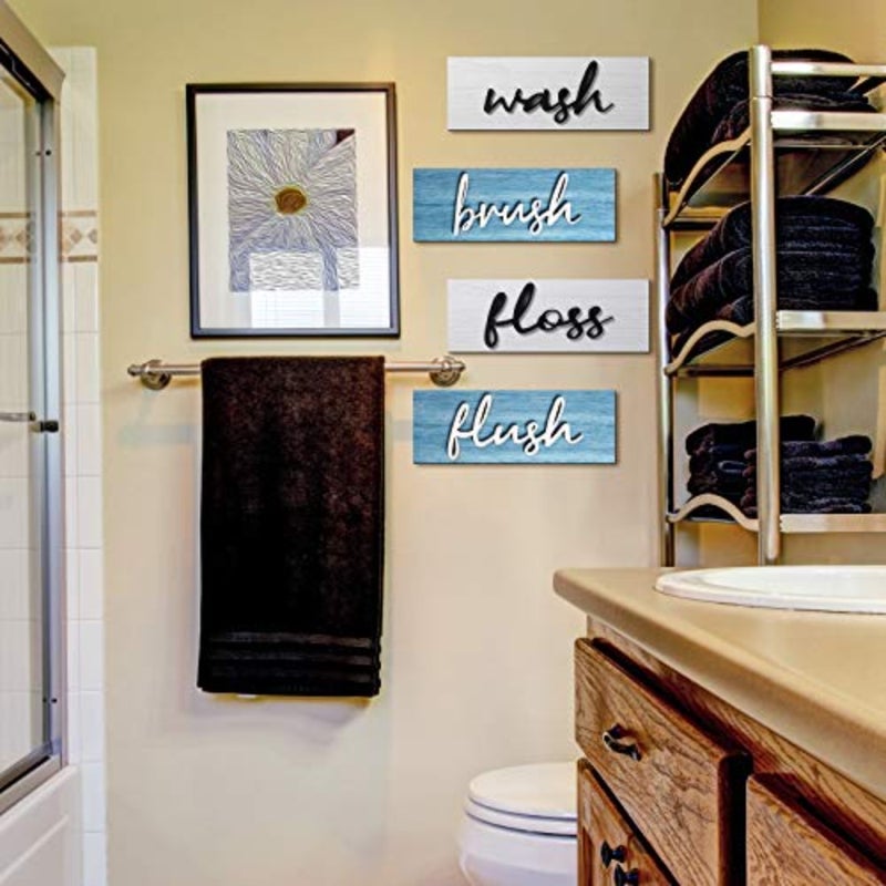 4 Pieces Farmhouse Bathroom Wall Decor Wash Signs Rustic Hanging Wooden Signs Primitive Wall Arts Vintage Country Wooden Decorations for Home Room Bathroom Blue - Image 2