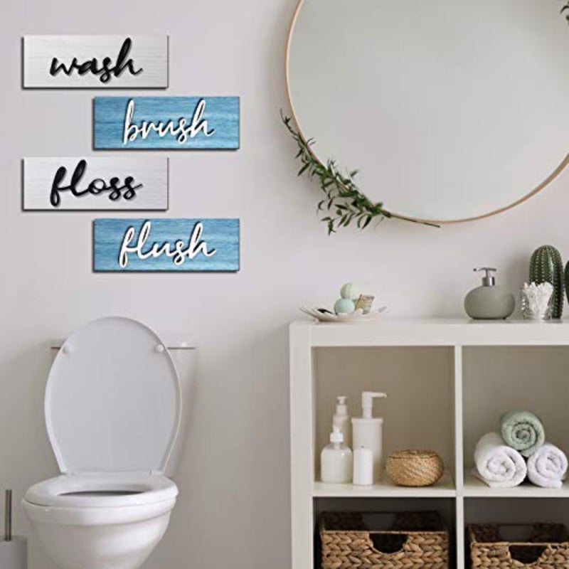 4 Pieces Farmhouse Bathroom Wall Decor Wash Signs Rustic Hanging Wooden Signs Primitive Wall Arts Vintage Country Wooden Decorations for Home Room Bathroom Blue - Image 4