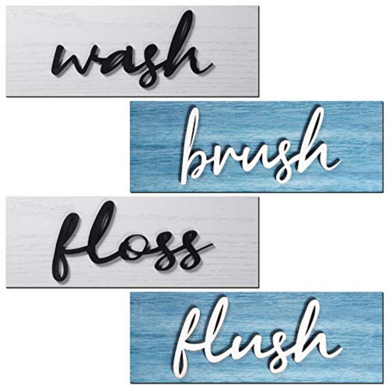 4 Pieces Farmhouse Bathroom Wall Decor Wash Signs Rustic Hanging Wooden Signs Primitive Wall Arts Vintage Country Wooden Decorations for Home Room Bathroom Blue - Image 1