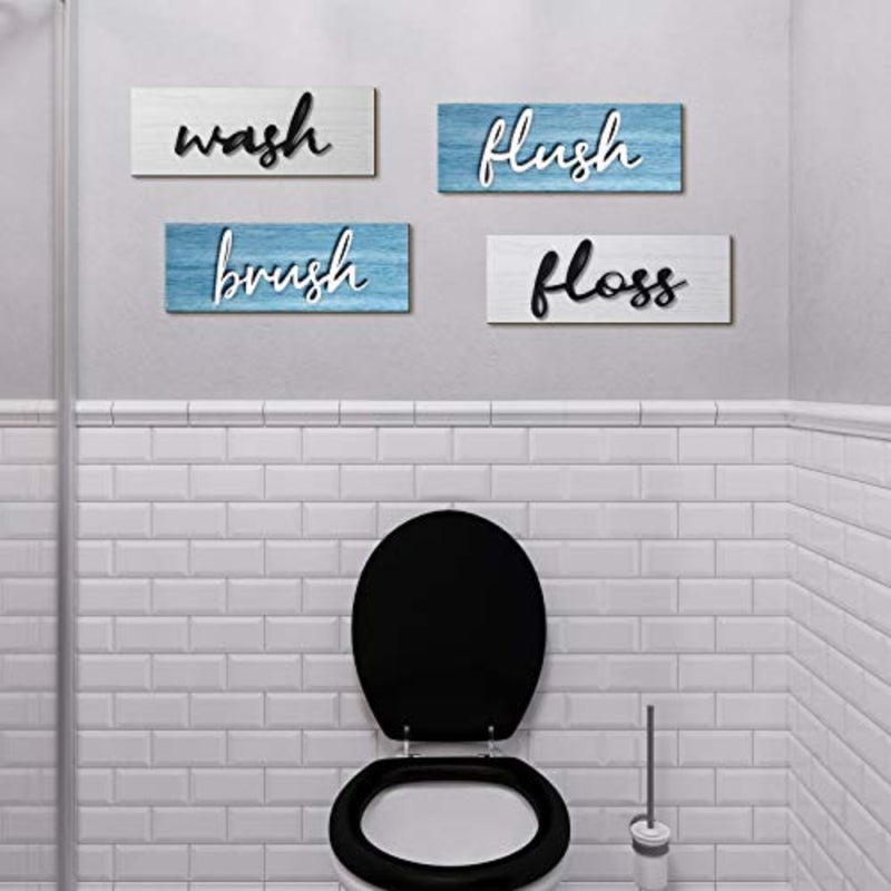 4 Pieces Farmhouse Bathroom Wall Decor Wash Signs Rustic Hanging Wooden Signs Primitive Wall Arts Vintage Country Wooden Decorations for Home Room Bathroom Blue - Image 5