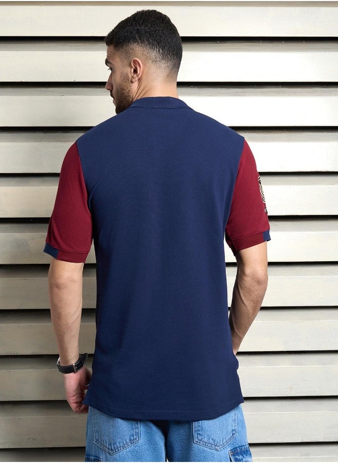 HIGH STAR Men's Navy 100% Cotton Colourblocked Polo Regular Fit T-Shirt  - Image 5
