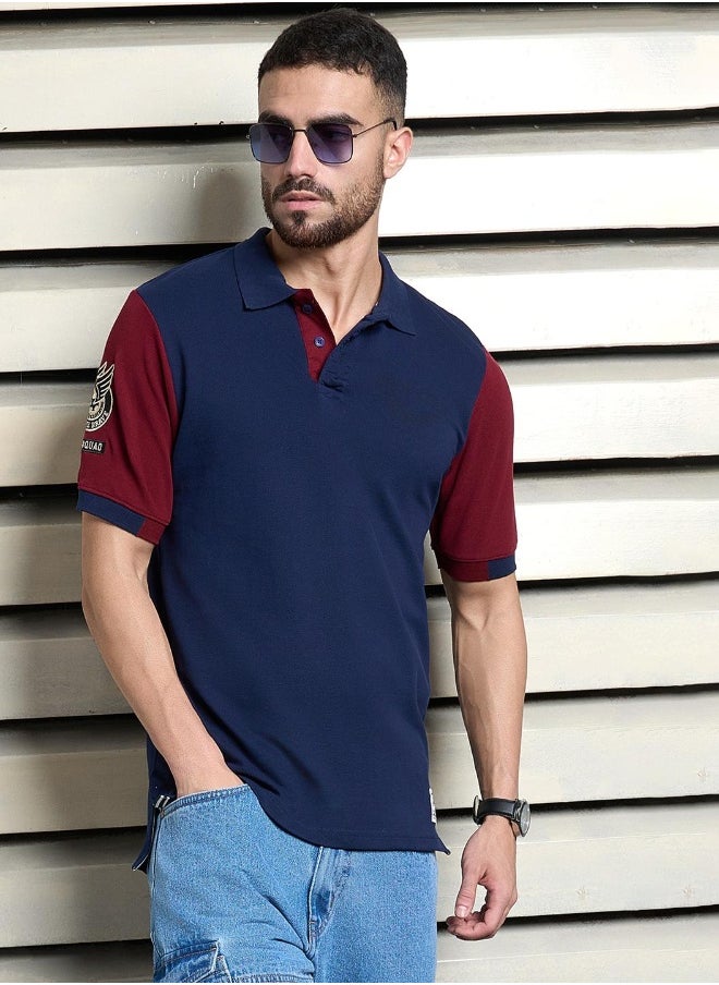 HIGH STAR Men's Navy 100% Cotton Colourblocked Polo Regular Fit T-Shirt  - Image 3