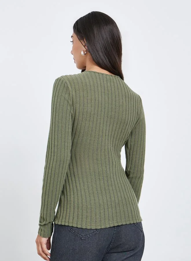 Styli Styli Ribbed V Neck Wrap Look Top