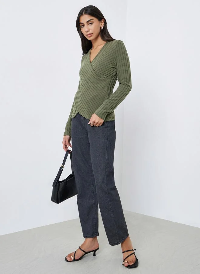 Styli Styli Ribbed V Neck Wrap Look Top