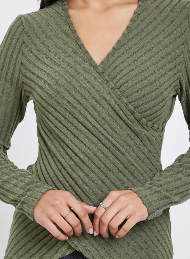Styli Styli Ribbed V Neck Wrap Look Top