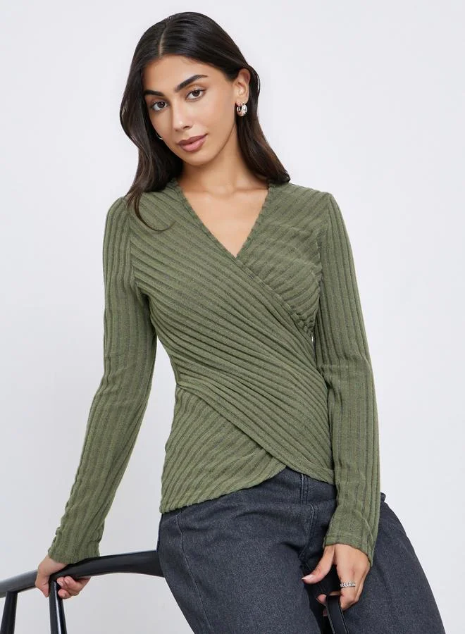 Styli Styli Ribbed V Neck Wrap Look Top