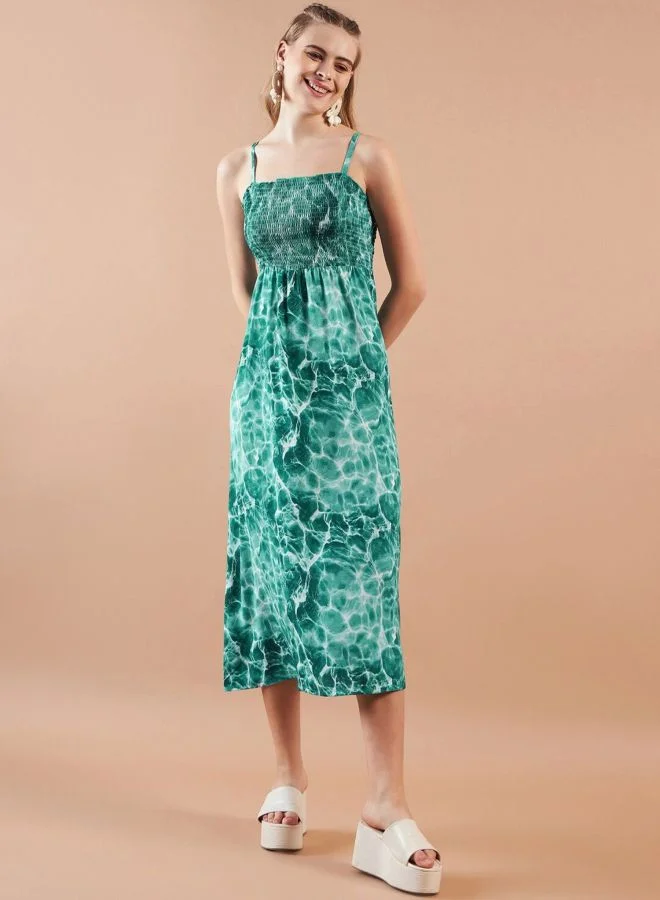 Women Fit and Flared Marble Printed Off Shoulder Sleeveless Tube Dress