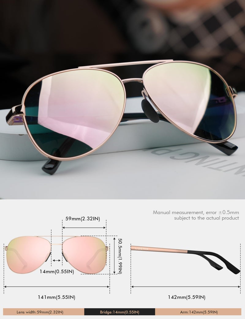 LUENX Aviator Sunglasses for Men Women Polarized - UV400 Protection, Stylish Shades, Driving, Outdoor Activities 59MM(Cherry Pink) - Image 2