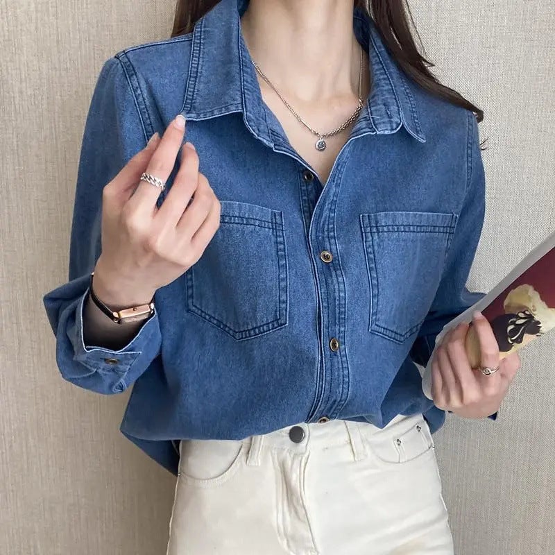 Retro Hong Kong Style Denim Shirt Womens Spring 2025 New Inner Design Niche Shirt Stacked Top Coat Blue