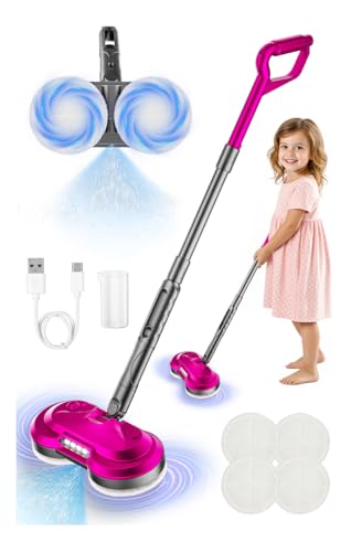 BLAXTEM Kids Electric Spray Spin Mop Toy Rechargeable Cordless Electric Mop WWater Sprayer LED Headlight for Children Ages 3 4 5 6 Boys Girls Cleaning Toy for Pretend Play Rose Red - Image 1