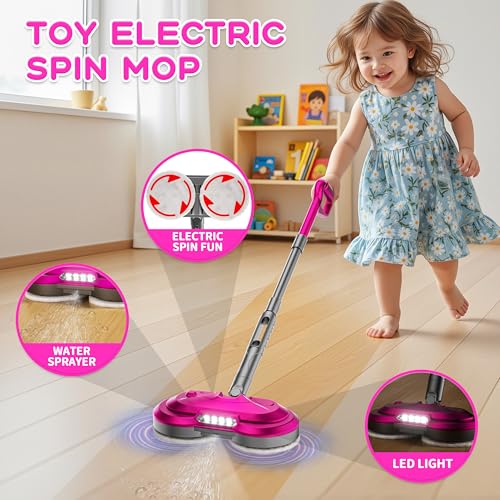 BLAXTEM Kids Electric Spray Spin Mop Toy Rechargeable Cordless Electric Mop WWater Sprayer LED Headlight for Children Ages 3 4 5 6 Boys Girls Cleaning Toy for Pretend Play Rose Red - Image 5