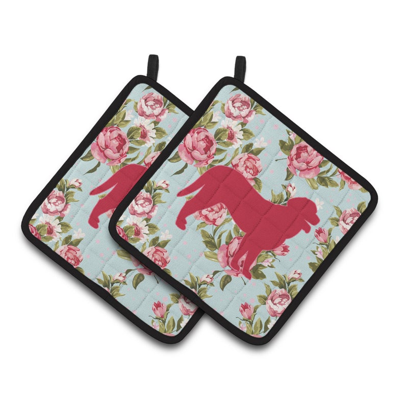 Caroline's Treasures ""Caroline's Treasures BB1074-RS-BU-PTHD Curly Coated Retriever Shabby Chic Blue Roses Pot Holders (1 Pair)  7.5"""" x 7.5""""  Multicolor""