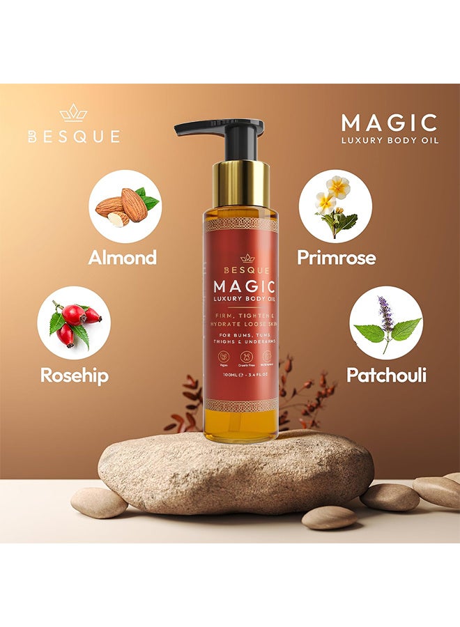 بيسك زيت الجسم السحري Besque، 100 مل / 3.4 أوقية سائلة، زيت جسم بعد الاستحمام للنساء، عناية مرطبة للبشرة لكامل الجسم تعمل على ملء وشد وتثبيت البشرة بمكونات طبيعية، تحسن مرونة الجلد - Image 2