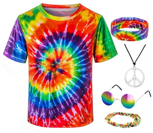 TOGROP Kids Hippie Costume for Boys Girls 60s 70s TShirt 5Pcs Set for Halloween Party 56T Colorful - Image 1