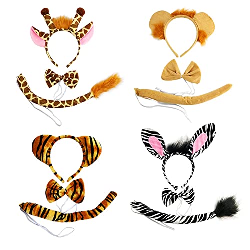 Virtue Morals 4 Sets Zoo Animal Headbands for Adults, Halloween Ears and Tail Set Costume Accessory (Lion, Tiger, Giraffe, Zebra) - Image 1