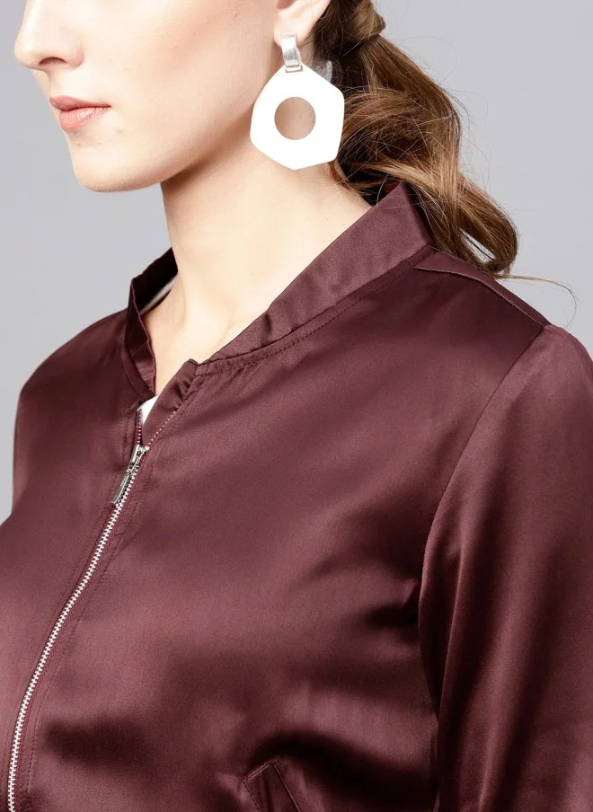 STREET 9 Burgundy Satin Cropped Bomber Jacket for Women