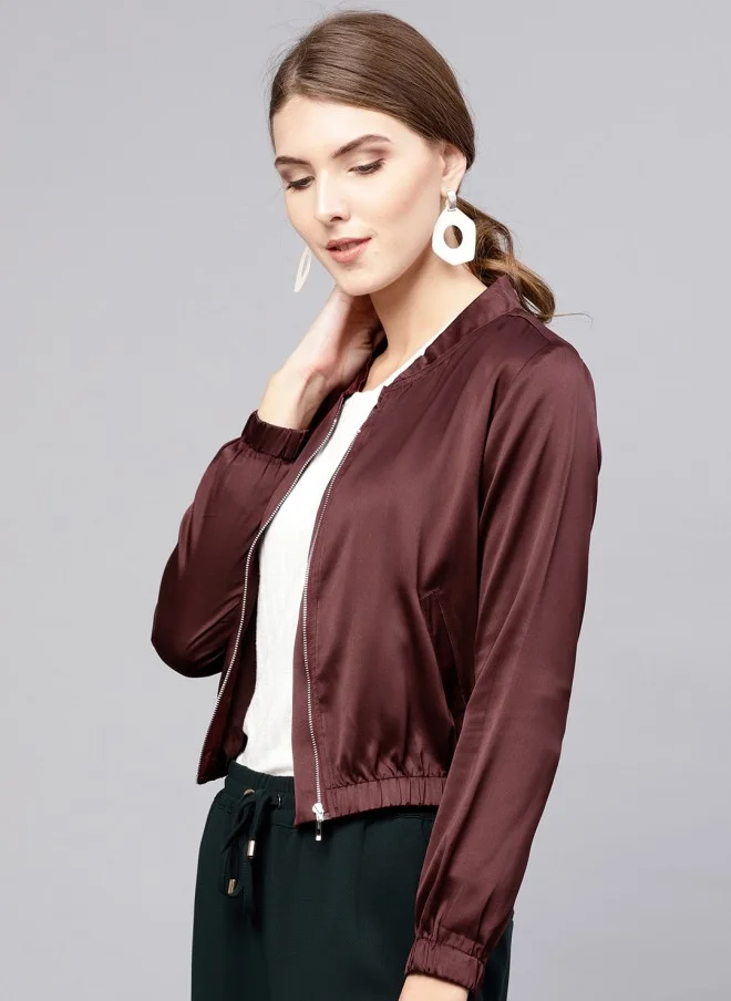STREET 9 Burgundy Satin Cropped Bomber Jacket for Women