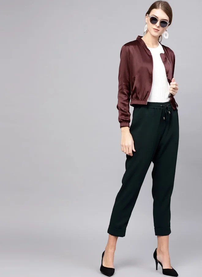 STREET 9 Burgundy Satin Cropped Bomber Jacket for Women