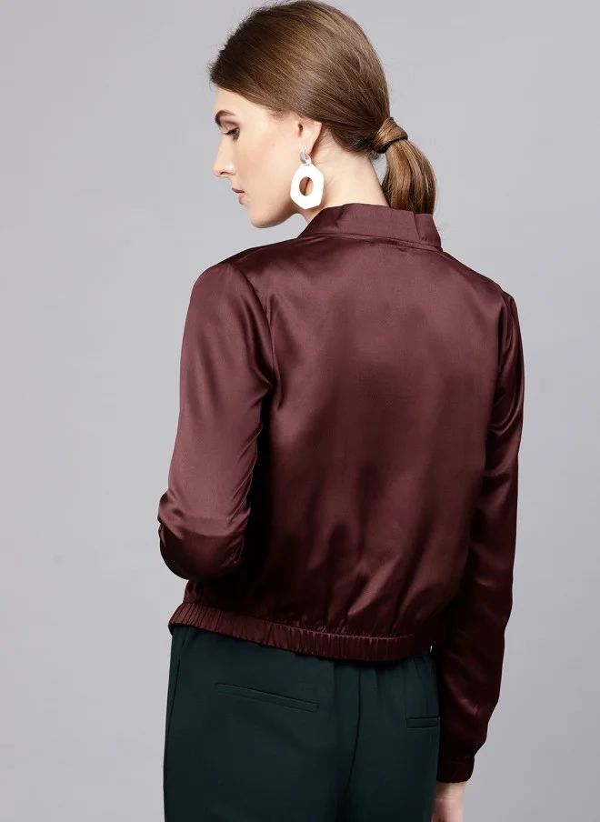 STREET 9 Burgundy Satin Cropped Bomber Jacket for Women