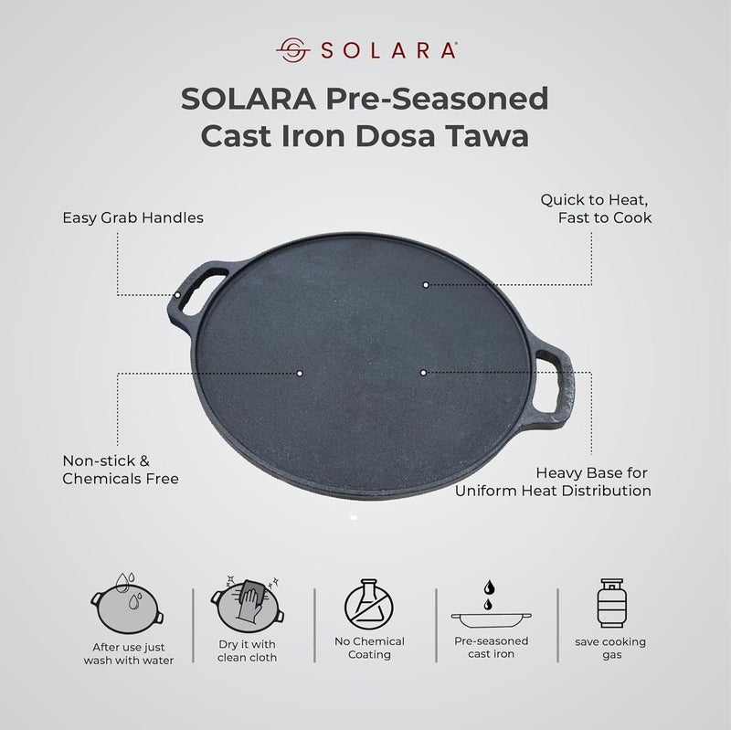 SOLARA Cast Iron Tawa for Dosa 12 Inch 30 CM Tawa for Dosa Uthappam Roti Chapati Naan Gas Induction Friendly Dosa Pan Cast Iron Cast Iron Cookware - Image 2
