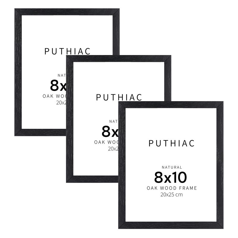 puthiac 8x10 Black Oak Wood Picture Frame -8""x10"" Frame Wood  8""x10"" Natural Solid Wood Poster Frames for Wall Art Photo and Prints (3 Pack  Black) - Image 1