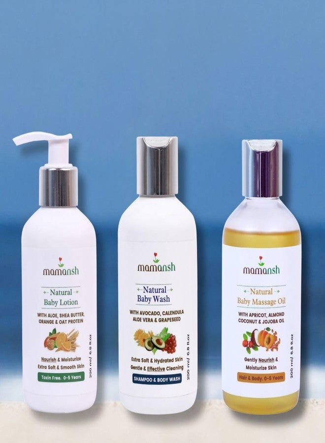Mamansh Baby Skincare Combo Bundle of Baby Massage Oil, Baby Wash and Baby Lotion (1 unit Each of 200ml) - Image 1