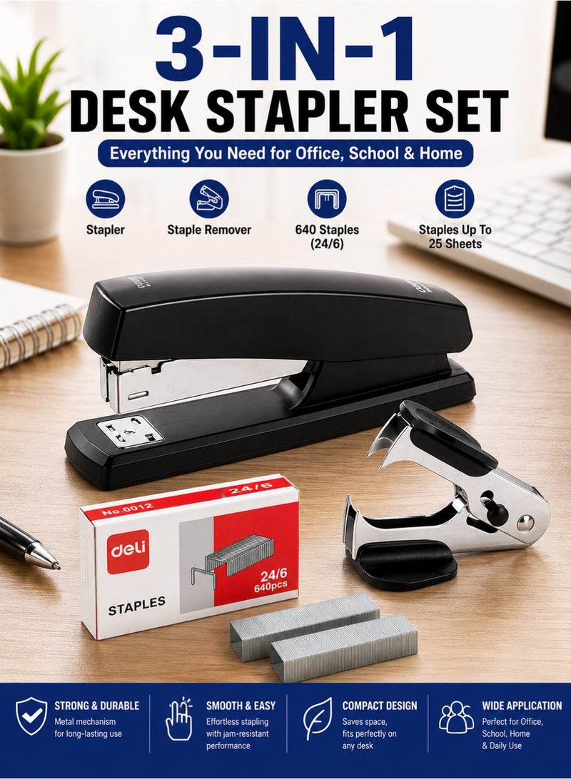 Deli 3-in-1 Office Stapler Set with Staple Remover & 640 Staples (24/6), Heavy Duty Manual Desk Stapler, 25 Sheet Capacity for Office, School & Home Use – Black - Image 1