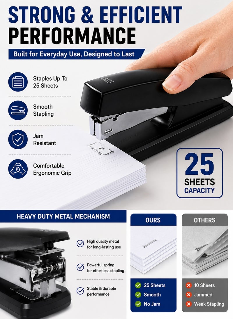 Deli 3-in-1 Office Stapler Set with Staple Remover & 640 Staples (24/6), Heavy Duty Manual Desk Stapler, 25 Sheet Capacity for Office, School & Home Use – Black - Image 3