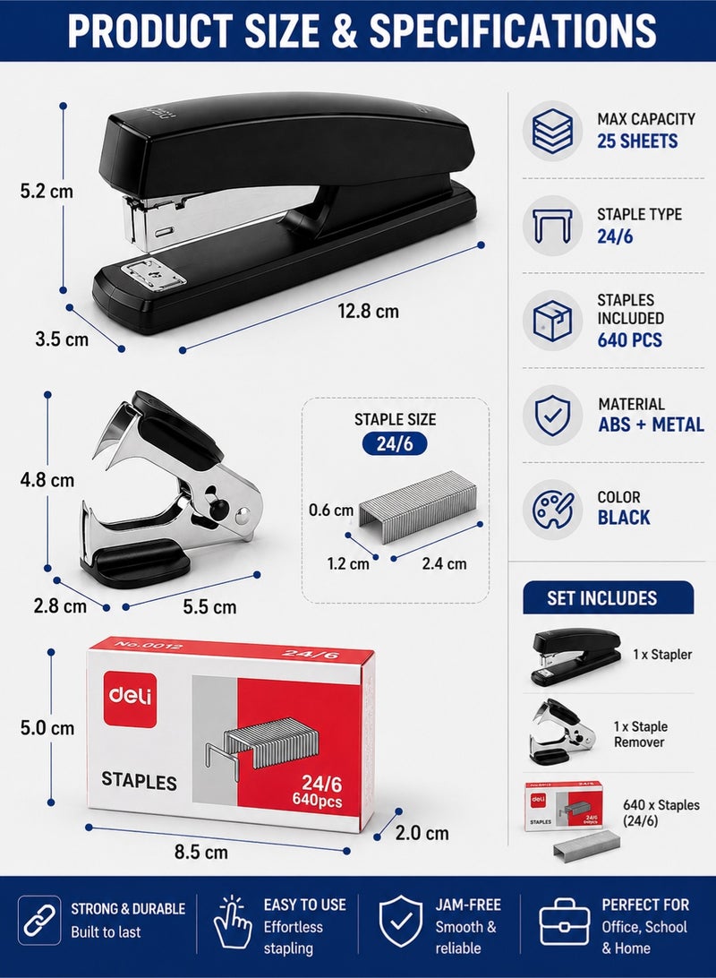 Deli 3-in-1 Office Stapler Set with Staple Remover & 640 Staples (24/6), Heavy Duty Manual Desk Stapler, 25 Sheet Capacity for Office, School & Home Use – Black - Image 5