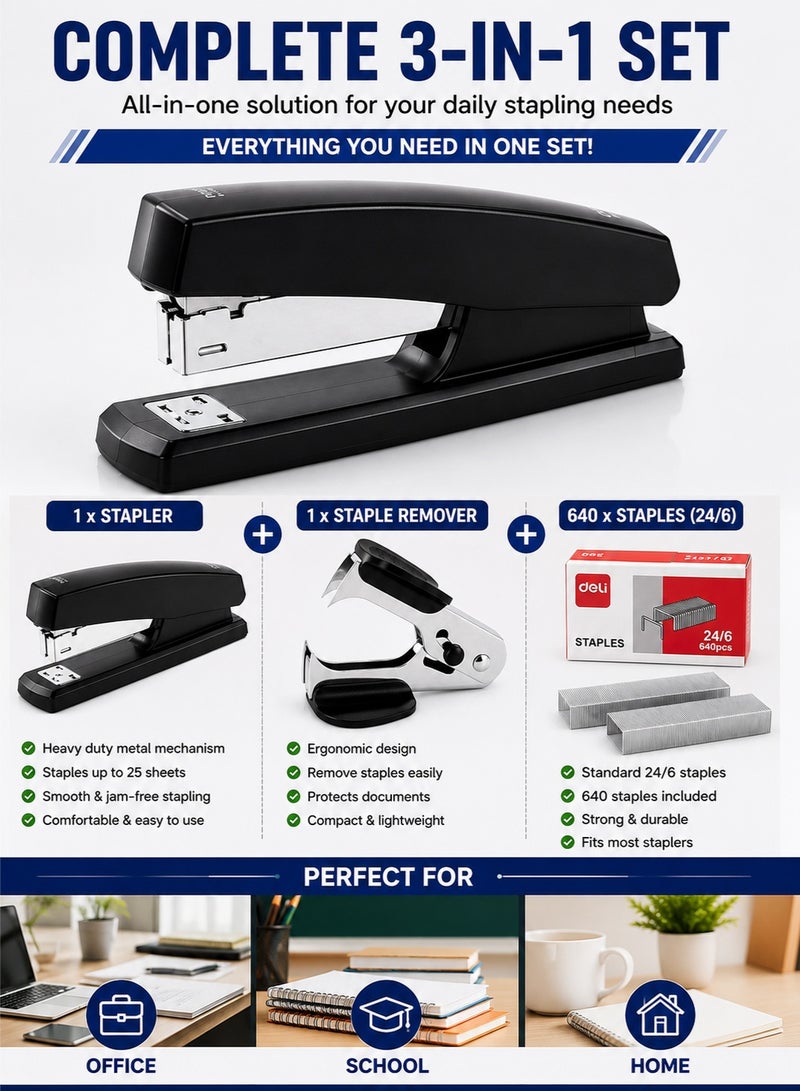 Deli 3-in-1 Office Stapler Set with Staple Remover & 640 Staples (24/6), Heavy Duty Manual Desk Stapler, 25 Sheet Capacity for Office, School & Home Use – Black - Image 2