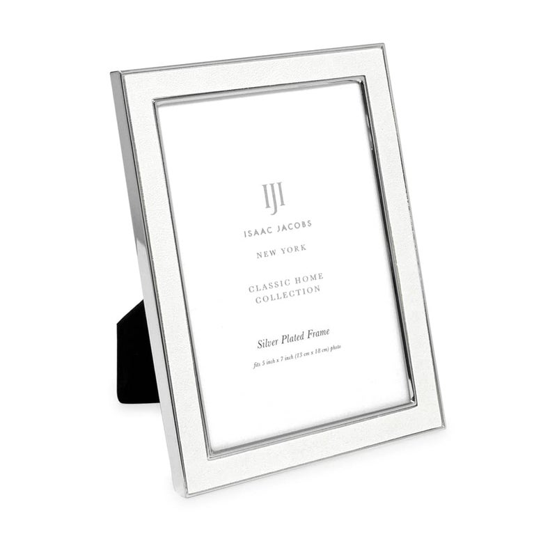 Isaac Jacobs 5x7 White Leather with Silver Metal (Vertical & Horizontal) Picture Frame  Suede Border w/Black Fabric Easel  Wall-Mountable  Made For Tabletop  Photo Gallery (5x7  White W/Silver) - Image 1
