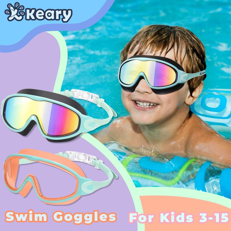 Keary 2 Pack Swim Goggles for Kids 6-14 8-14 Kids Swimming Goggles Age 3-15 4-7 4-16 8-12 For Boys Girls Youth Toddler Children Pool Water Goggle Anti Fog UV Protection Clear Wide View Waterproof - Image 2